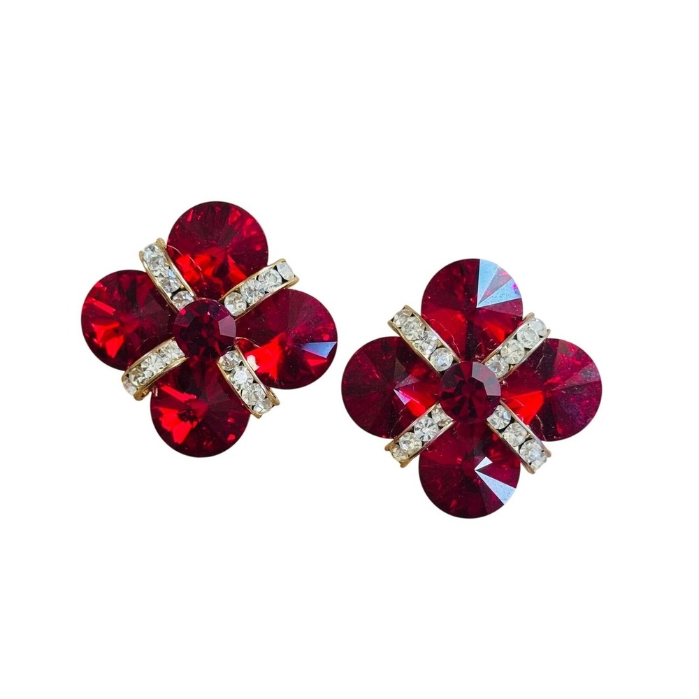 VTG 80s Red Earrings Austrian Crystal Rivoli Rhinestone Post Statement Sparkly